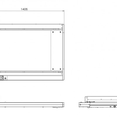 Desenho técnico com dimensões de aparelho retangular visto de três ângulos