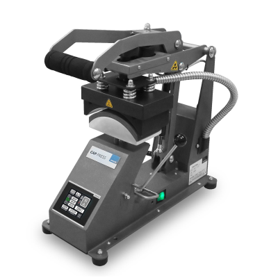 Máquina de prensa térmica cinza com painel digital e alça preta