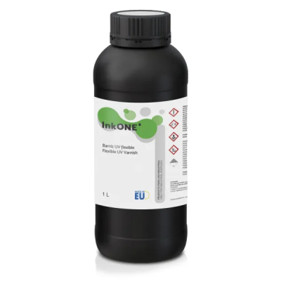 Frasco preto de verniz UV flexível InkONE com rótulo branco e verde