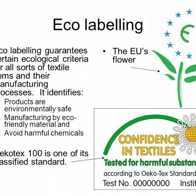 Texto sobre Eco labelling com selo Oeko-Tex Standard 100 e símbolo da UE em formato de flor