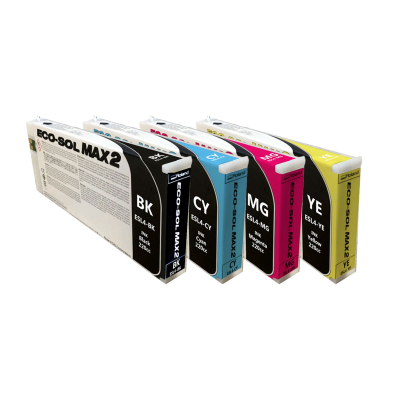 Quatro tinteiros ECO-SOL MAX 2 nas cores preto, ciano, magenta e amarelo em embalagens brancas com texto e códigos