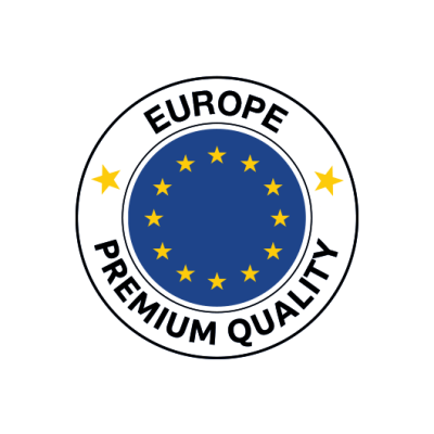 Selo circular azul e preto com estrelas amarelas e texto Europe Premium Quality