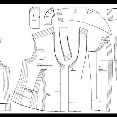 Moldes de costura para roupa com peças numeradas e rotuladas em preto e branco