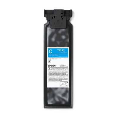 Cartucho de tinta Epson T55A2 ciano 250 ml em embalagem preta com etiqueta branca e azul