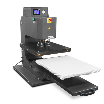 máquina de prensa térmica metálica cinzenta com ecrã e almofada branca