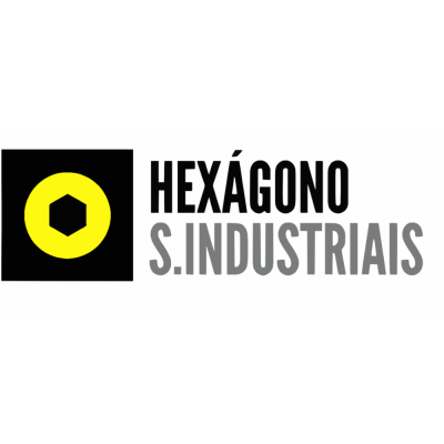 Logótipo HEXÁGONO S. INDUSTRIAIS com hexágono preto dentro de círculo amarelo