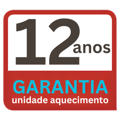Selo vermelho e branco com texto de garantia de 12 anos para unidade de aquecimento.