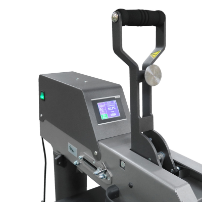 Máquina industrial cinzenta com visor digital e alavanca preta