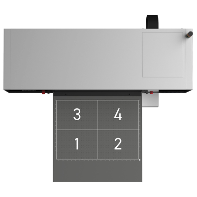Impressora industrial cinza com quatro quadrantes numerados