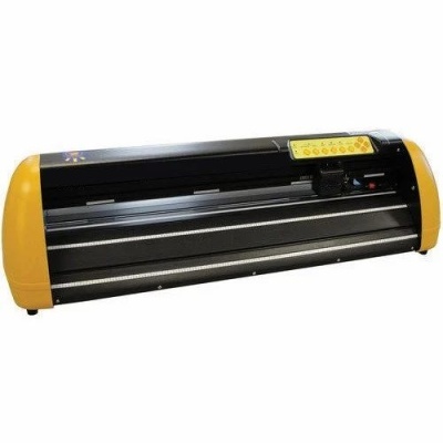 Plotter de recorte preto com laterais amarelas e painel amarelo