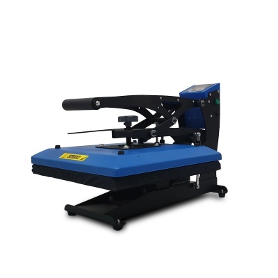 Prensa térmica preta e azul com alavanca e etiqueta amarela