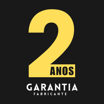 Número 2 amarelo com texto ANOS em amarelo e GARANTIA FABRICANTE em branco num fundo preto