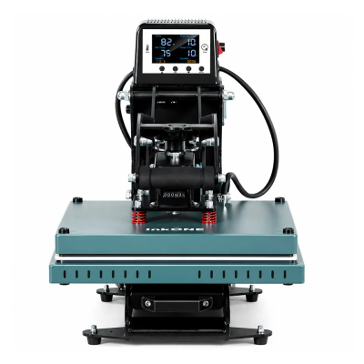 Prensa térmica azul com visor digital e estrutura em metal preto