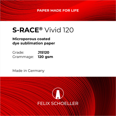 Etiqueta de papel para sublimação S-RACE Vivid 120 com design vermelho e branco