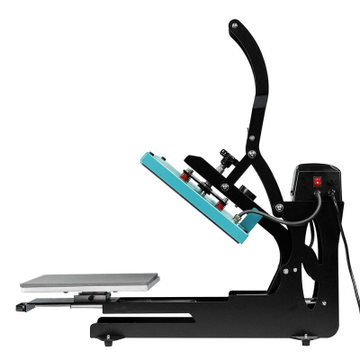 Máquina de transferência de calor preta com placa azul e plataforma cinza