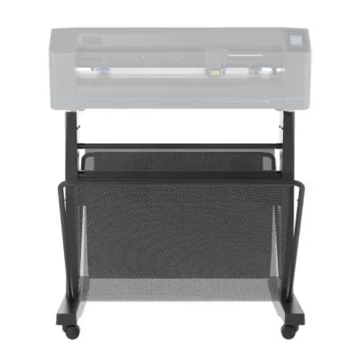 suporte preto metálico com rodas e saco em rede para impressora grande formato
