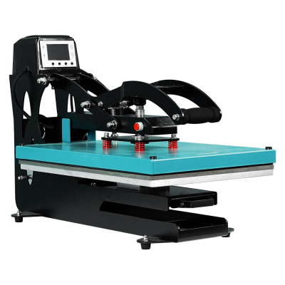 Máquina prensa térmica preta e azul com painel digital e alça acolchoada.