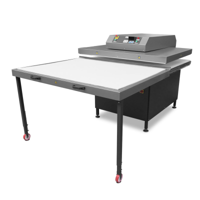 Máquina industrial cinzenta com mesa branca e painel de controlo