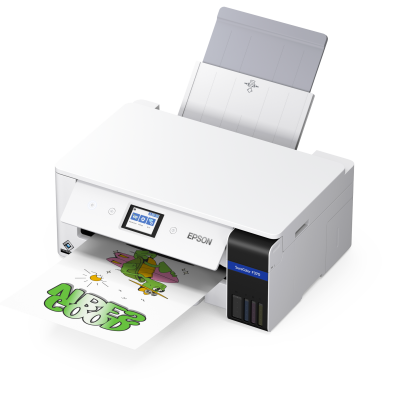 Impressora Epson SureColor F370 branca a imprimir página colorida
