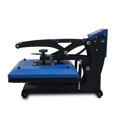 Prensa térmica azul e preta com braço alavanca e botão de ajuste.