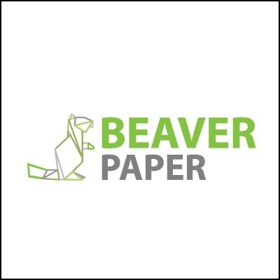 Logótipo BEAVER PAPER com figura geométrica de castor e texto verde e cinzento