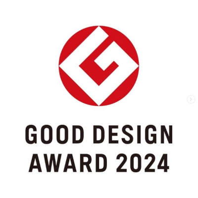 Logótipo circular vermelho com símbolo branco e texto GOOD DESIGN AWARD 2024