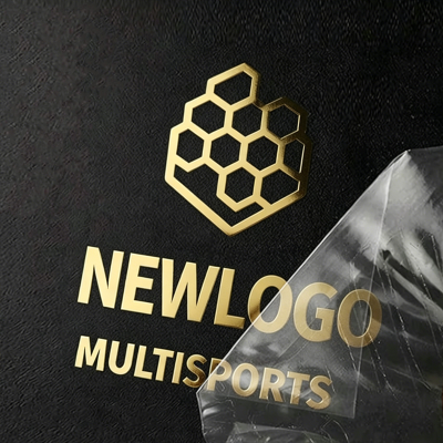 Logótipo dourado hexagonal e texto NEWLOGO MULTISPORTS sobre fundo preto