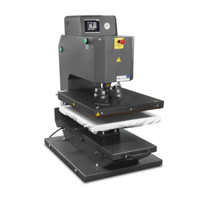 Máquina térmica cinza escuro para estampar roupa com painel digital e almofada branca