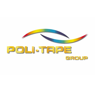 Logótipo POLI-TAPE GROUP com elementos gráficos curvos coloridos