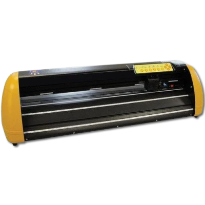 Máquina de corte eletrónica preta com laterais amarelas e painel amarelo