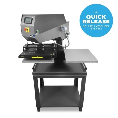 Máquina de impressão preta com painel digital e mesa lateral metálica