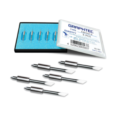 Cinco punções metálicas para máquina de corte com estojo branco e azul da GRAPHTEC
