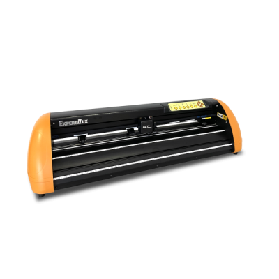 Plotter de recorte preto e laranja com painel de controlo amarelo