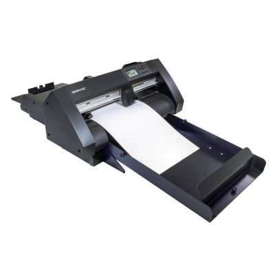 Impressora de grande formato Econika preta com visor digital e papel branco