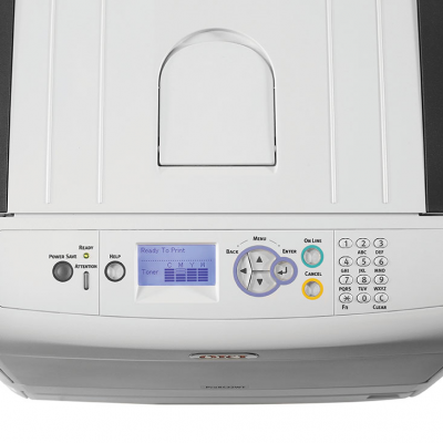 Impressora multifuncional branca e cinza vista de cima com painel de controlo e visor digital.