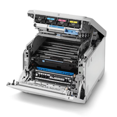 Impressora multifunções com tampa aberta mostrando cartuchos de tinta e componentes internos