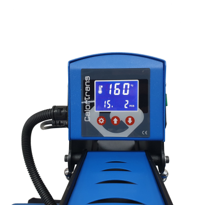 Prensa térmica azul com painel digital e botões de controlo