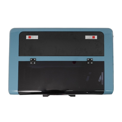 Painel de controlo retangular azul com botões vermelhos e áreas pretas brilhantes