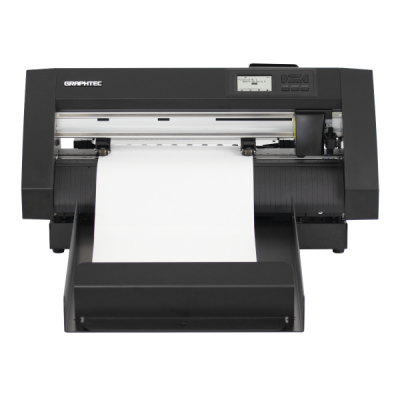 Impressora de grande formato preta com papel branco a sair