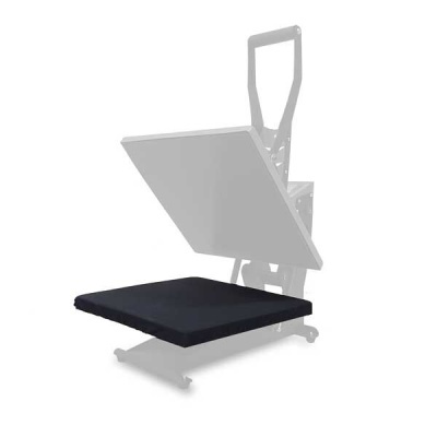 Base almofadada preta para prensa térmica sobre plataforma cinzenta esbatida