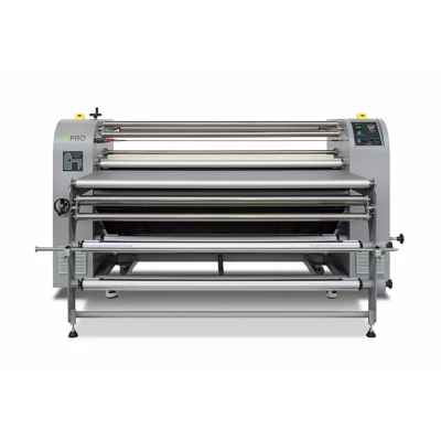 Máquina industrial cinzenta de laminação com rolos e mostrador digital