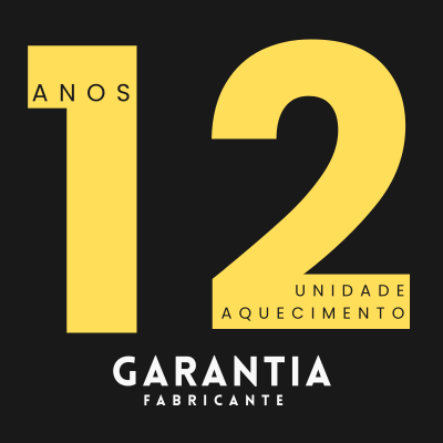 Gráfico preto e amarelo com texto 12 ANOS UNIDADE AQUECIMENTO GARANTIA FABRICANTE.