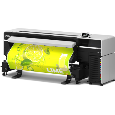 Impressora Epson de grande formato a imprimir imagem colorida de limão com texto LIME