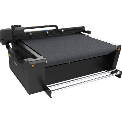 Máquina industrial de corte plana preta com superfície de corte cinzenta texturizada