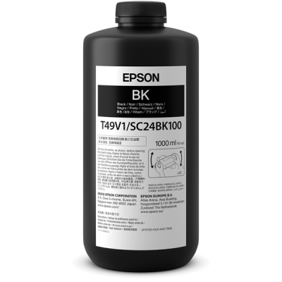 Garrafa preta de tinta Epson BK 1000 ml com etiqueta branca e texto multi-idioma