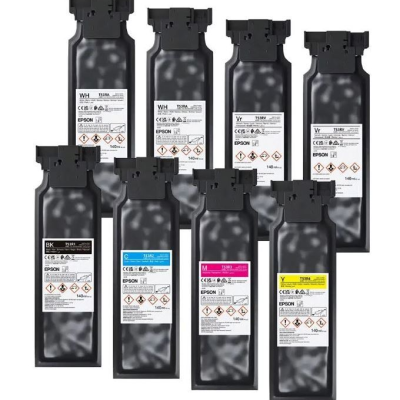 Oito tinteiros Epson coloridos com rótulos de segurança