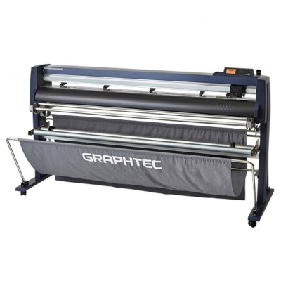 Máquina de corte GRAPHETEC grande formato azul e preto com saco cinzento