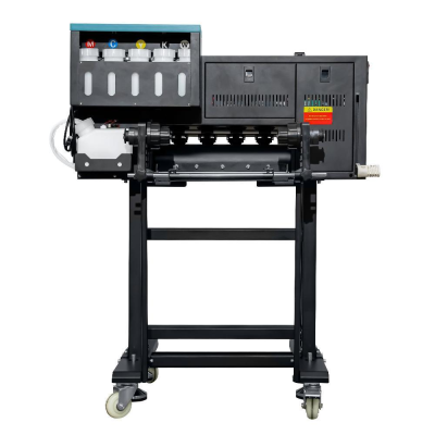 Impressora grande formato preta com depósito de tintas coloridas e suporte móvel