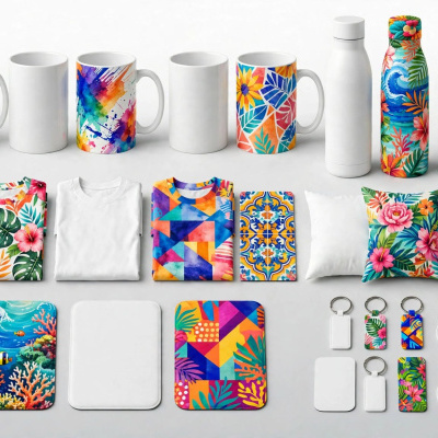Produtos personalizados com padrões coloridos e fundos brancos dispostos em linha
