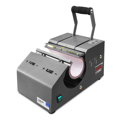 Máquina de prensar objetos cilíndricos cinza escuro com alça preta